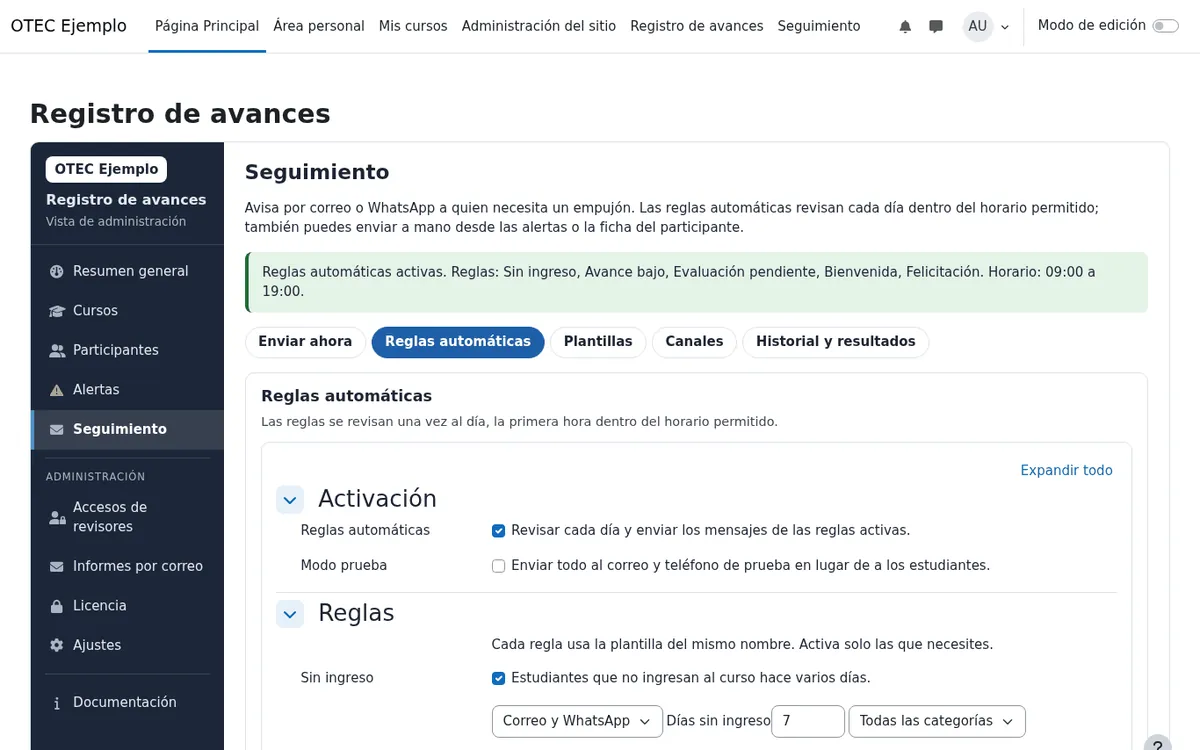 Reglas automáticas de Seguimiento en Registro de avances