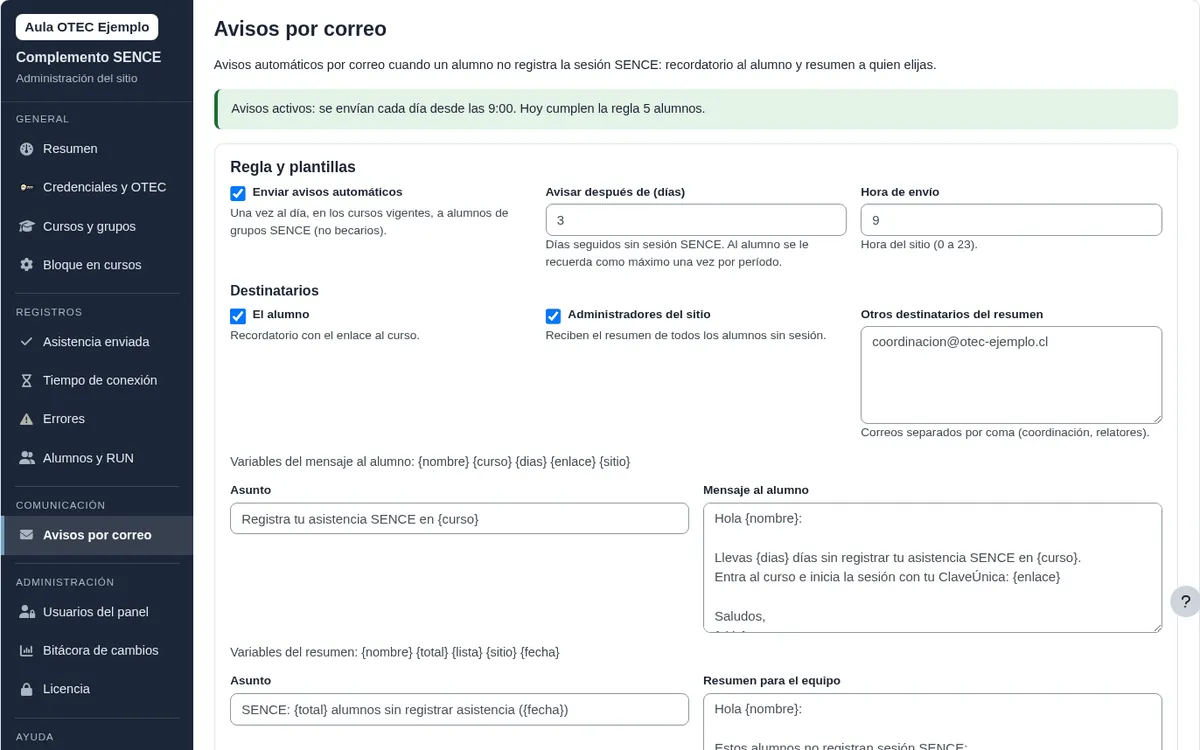 Configuración de avisos automáticos por correo del Complemento SENCE