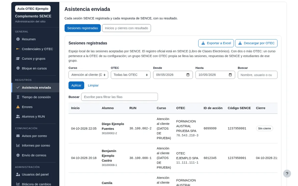 Asistencia enviada con filtro y columna OTEC y botón Descargar por OTEC