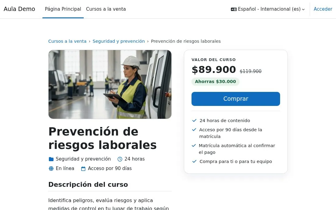 Ficha pública de un curso con precio, botón Comprar y lo que incluye