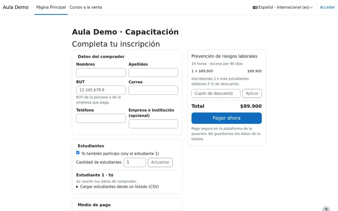 Formulario de compra con datos del comprador y resumen del pedido
