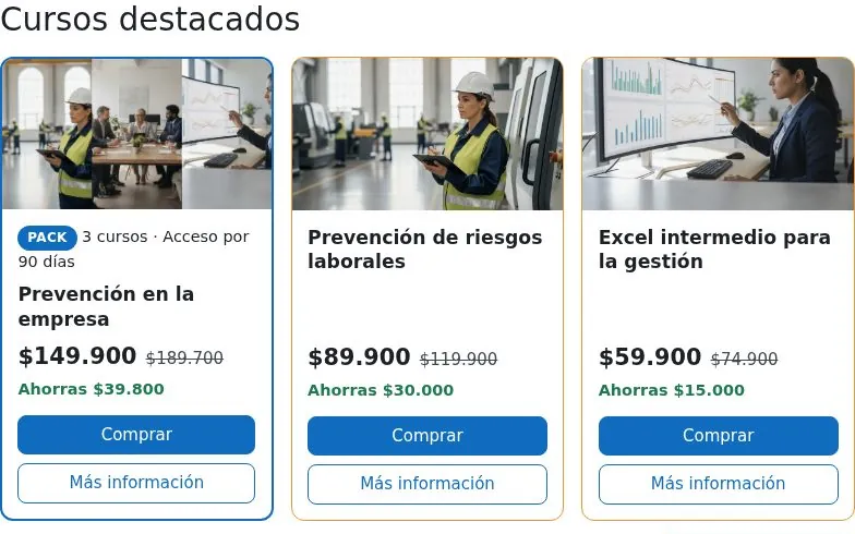 Catálogo de cursos destacados en la portada de Moodle con precios y botones Comprar y Más información