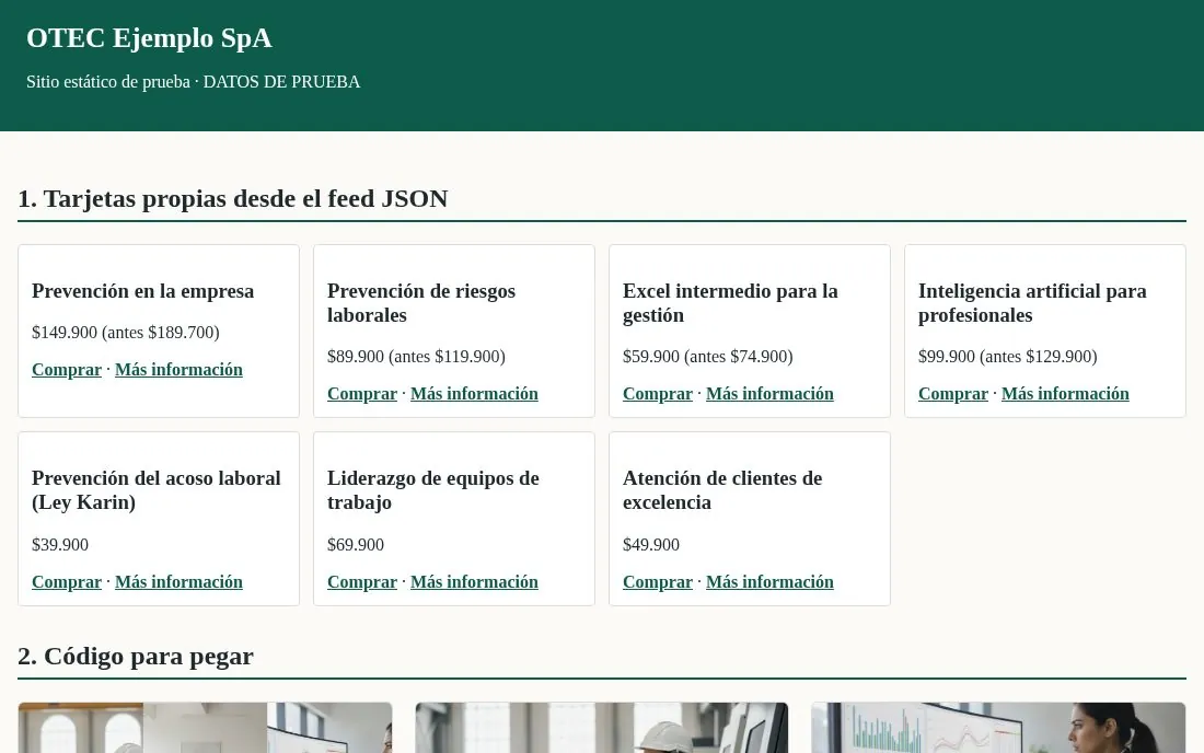 Sitio web externo mostrando los cursos del Moodle con enlaces Comprar y Más información
