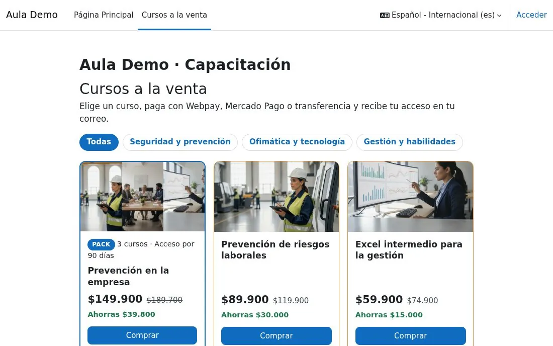 Vitrina de cursos a la venta de Checkout para Moodle con portadas, precios y botón Comprar
