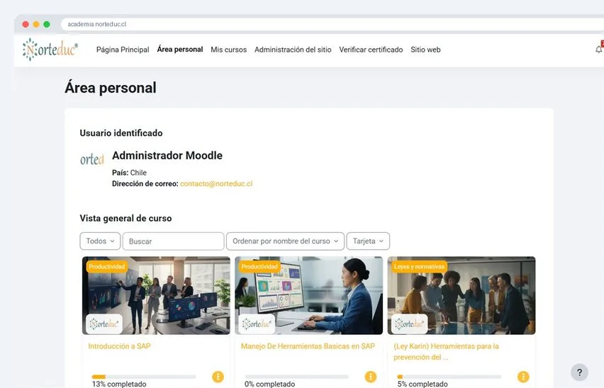 Área personal de un aula virtual Moodle con logo propio y cursos con su avance