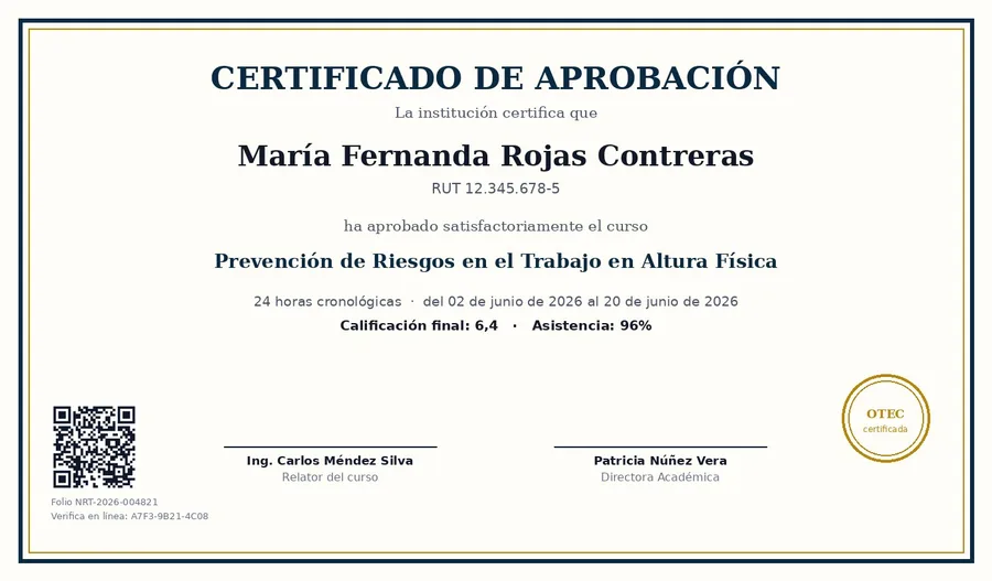 Ejemplo de certificado de aprobación con código QR de verificación