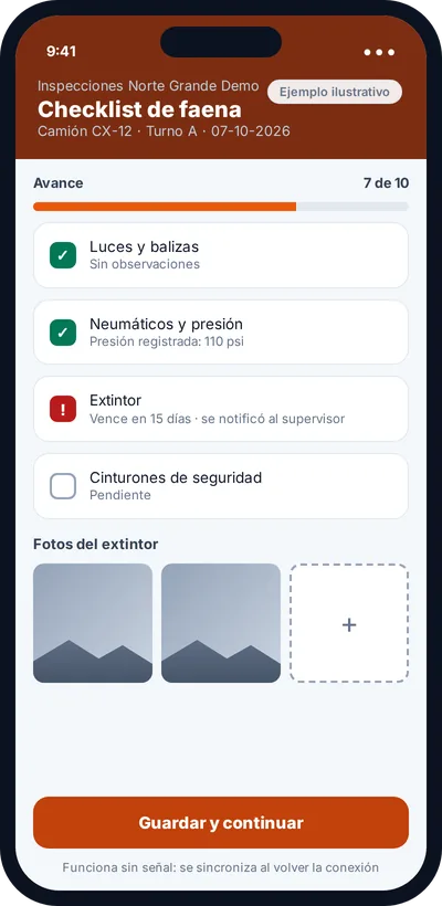 Ejemplo ilustrativo de aplicación para celular con checklist de inspección de un camión, observaciones y fotos
