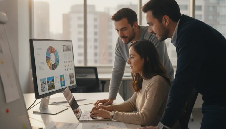 Profesionales en una oficina usan herramientas de inteligencia artificial en un computador