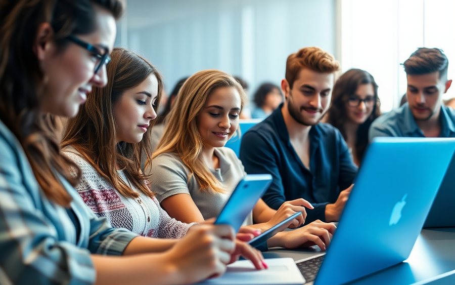Estudiantes usando el aula virtual Moodle en computador y celular