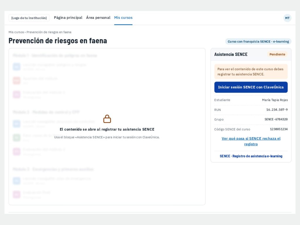 Curso Moodle con el bloque Asistencia SENCE: el contenido se abre al registrar la asistencia con ClaveÚnica