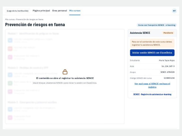 Curso Moodle con el bloque Asistencia SENCE: el contenido se abre al registrar la asistencia con ClaveÚnica