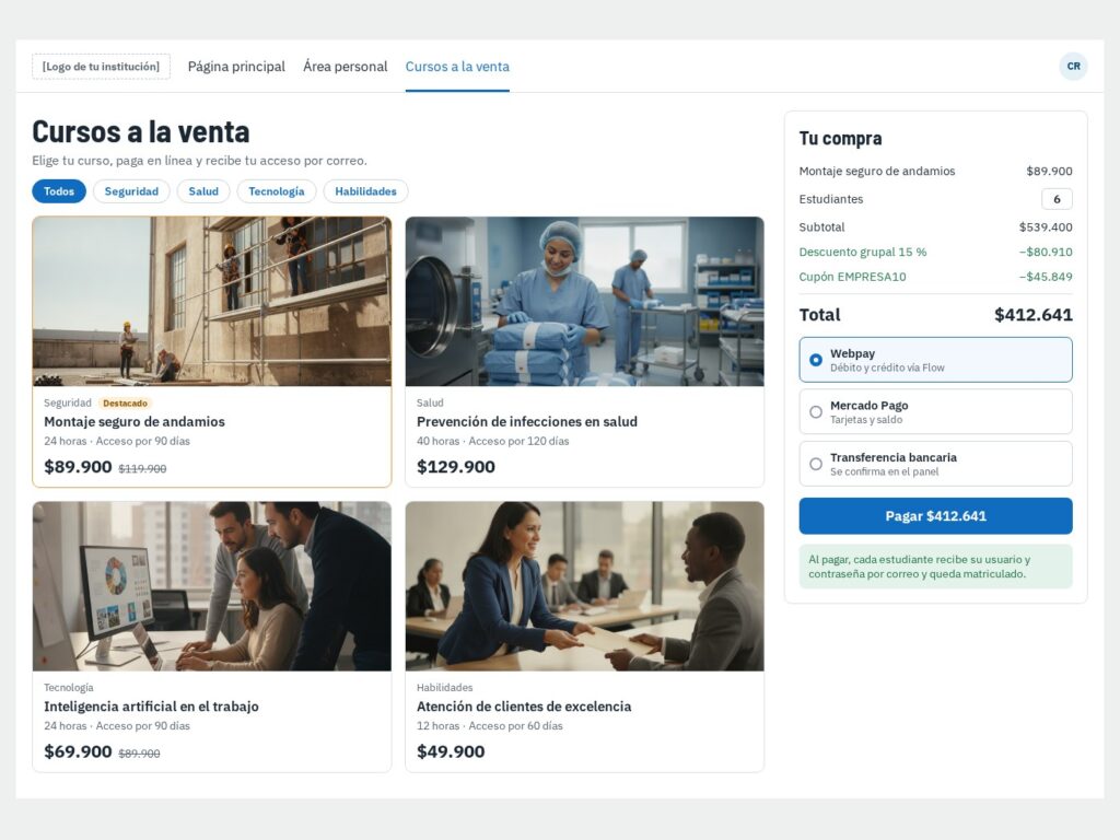 Vitrina de cursos a la venta dentro de Moodle con compra grupal y medios de pago